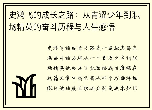 史鸿飞的成长之路：从青涩少年到职场精英的奋斗历程与人生感悟