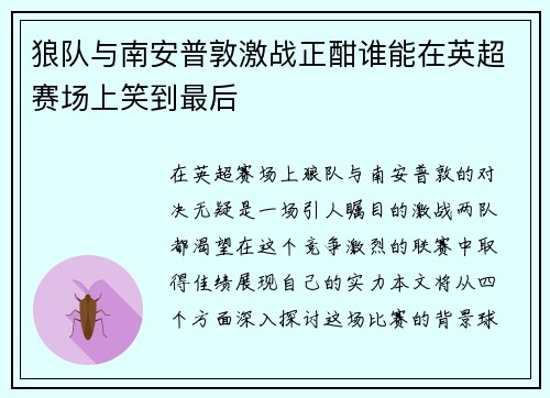 狼队与南安普敦激战正酣谁能在英超赛场上笑到最后