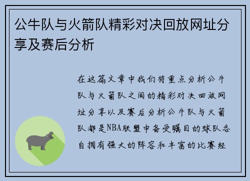 公牛队与火箭队精彩对决回放网址分享及赛后分析