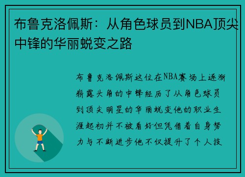 布鲁克洛佩斯：从角色球员到NBA顶尖中锋的华丽蜕变之路