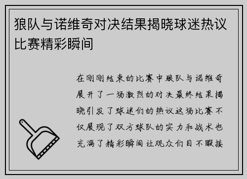 狼队与诺维奇对决结果揭晓球迷热议比赛精彩瞬间