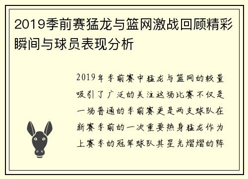 2019季前赛猛龙与篮网激战回顾精彩瞬间与球员表现分析