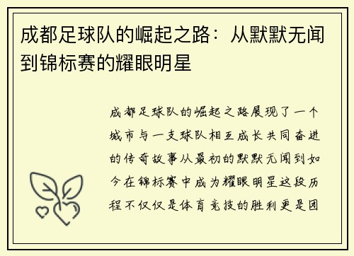 成都足球队的崛起之路：从默默无闻到锦标赛的耀眼明星