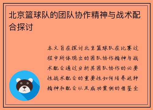 北京篮球队的团队协作精神与战术配合探讨