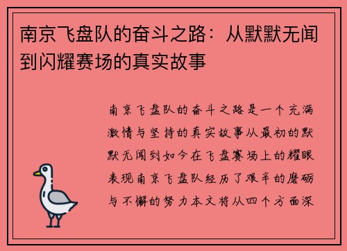 南京飞盘队的奋斗之路：从默默无闻到闪耀赛场的真实故事