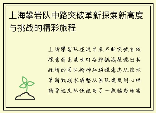上海攀岩队中路突破革新探索新高度与挑战的精彩旅程