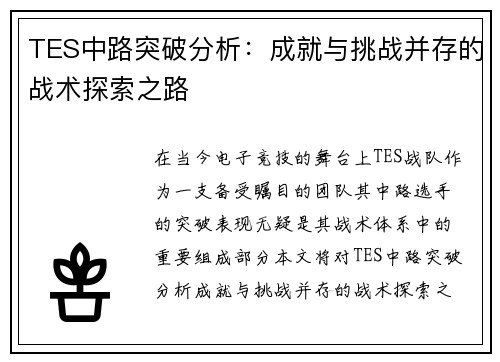 TES中路突破分析：成就与挑战并存的战术探索之路