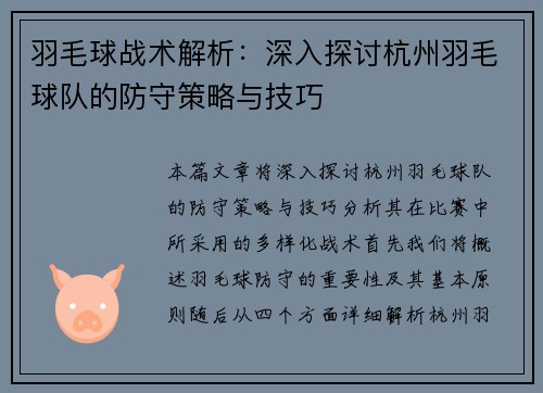 羽毛球战术解析：深入探讨杭州羽毛球队的防守策略与技巧
