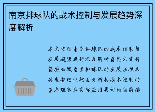 南京排球队的战术控制与发展趋势深度解析